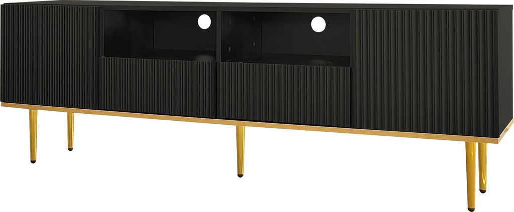 Fortuna Lai Moderner TV-Schrank 165 x 36 x 55 cm, Sockel mit goldenen Füßen und Kante, schlichtes Design in Schwarz