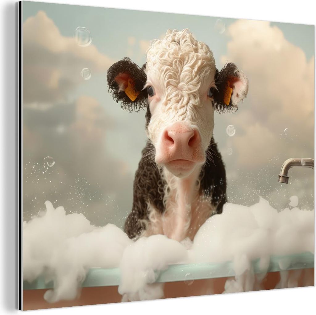 MuchoWow Wanddekoration Metall Metallbild Wandkunst 80x60 cm Kalb - Kuh - Bad - Tiere MuchoWow Aluminium Gemälde - Alubild