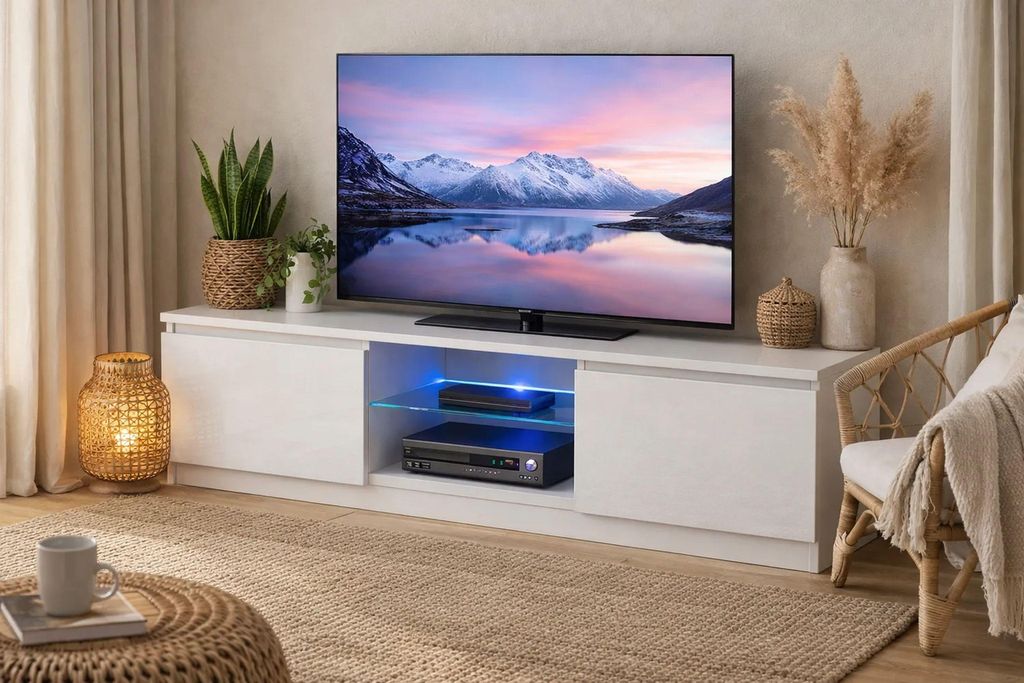 TV skrinka, 140 cm, biela, s LED osvetlením, hrúbka 18 mm, Obrázok produktu 