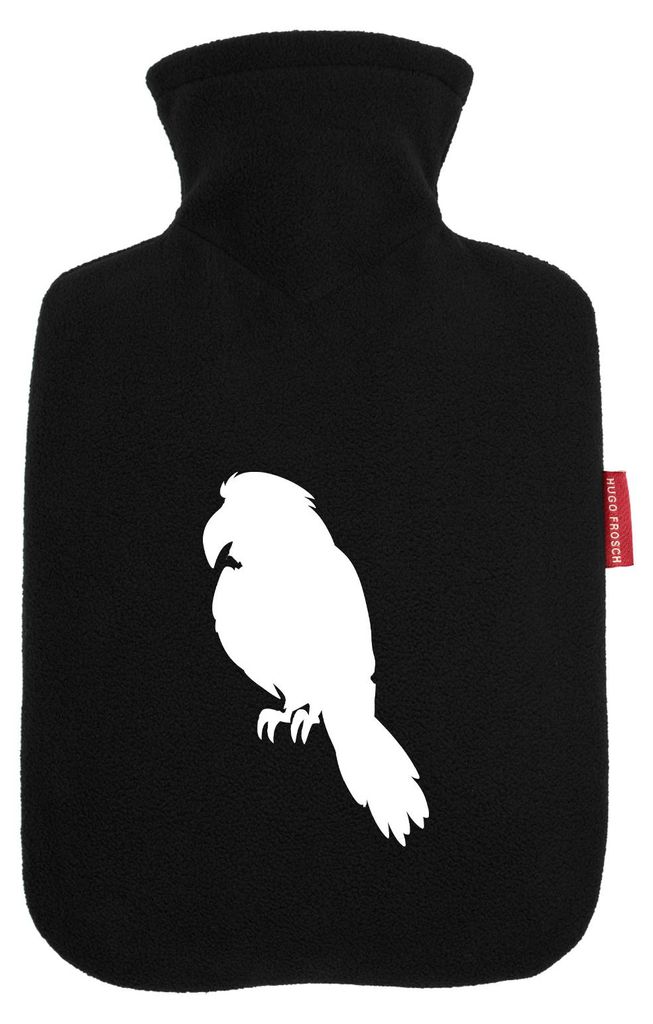 Huuraa Wärmflasche Papagei Silhouette 1,8 Liter Black Classic Veloursbezug Bettflasche Geschenkidee