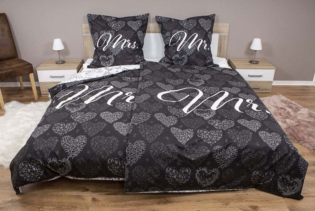 aboutyourhome bettwäsche Partner Bettwäsche Baumwolle Wende 135x200 / 80x80 cm Set 4tlg. Mr.&Mrs., Schwarz / 4 tlg.