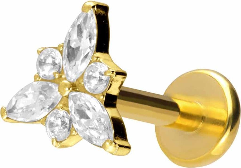 Ohrpiercing, Nasenpiercing Titan Labret mit Push Fit KRISTALLBLÜTE Gold Stablänge: 8mm | Stabstärke: 1,2mm