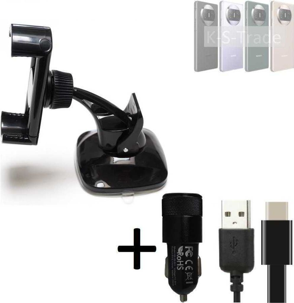 K-S-Trade Handy-Halterung kompatibel mit Huawei Mate X3 Windschutzscheibe / Armaturenbrett + LADEGERÄT mit Mico USB Kabel Autohalterung