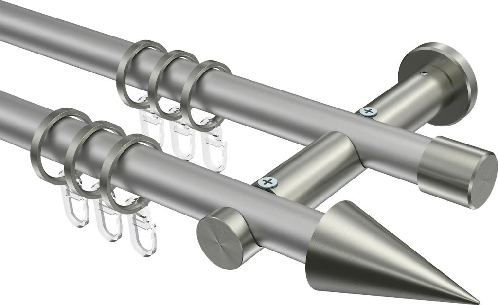 Interdeco Gardinenstange / Vorhangstange Silbergrau / Edelstahl-Optik, Typ Platon Savio (Kegel), 20 mm Ø 2-läufig, 480 cm