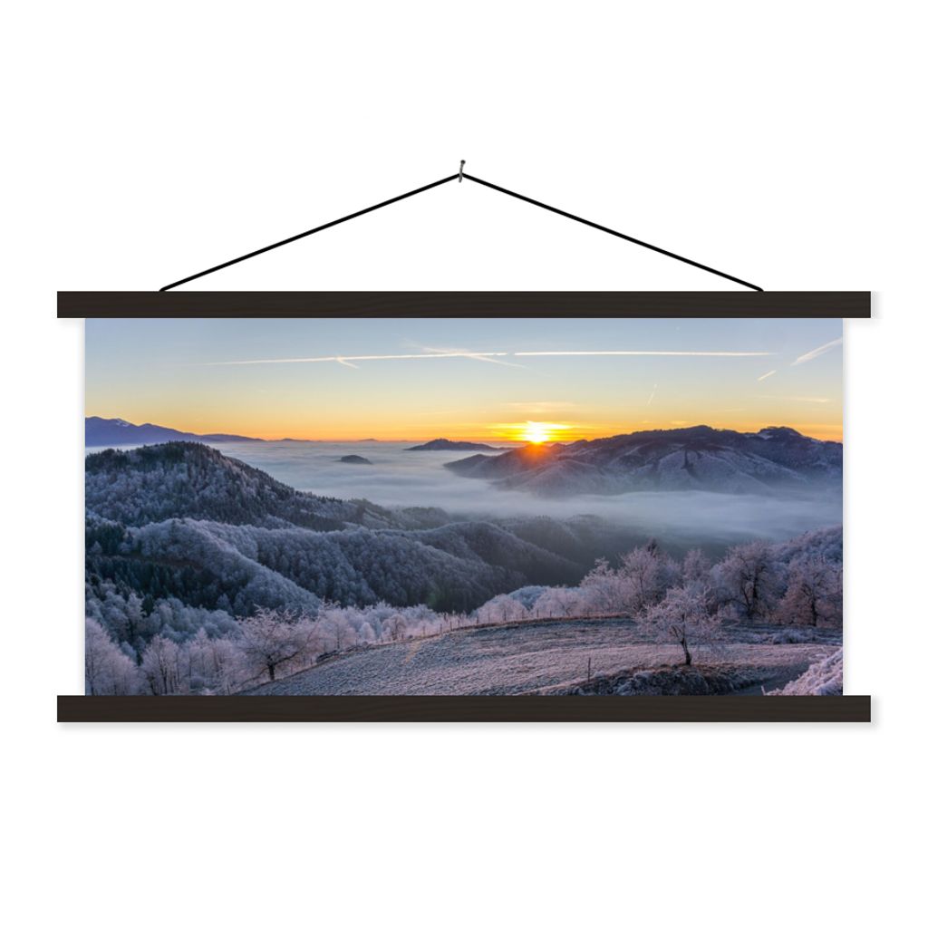 MuchoWow Textilposter Winter - Berge - Sonne - Abend 120x60 cm mit schwarzem Rahmen - Dekoration Schlafzimmer