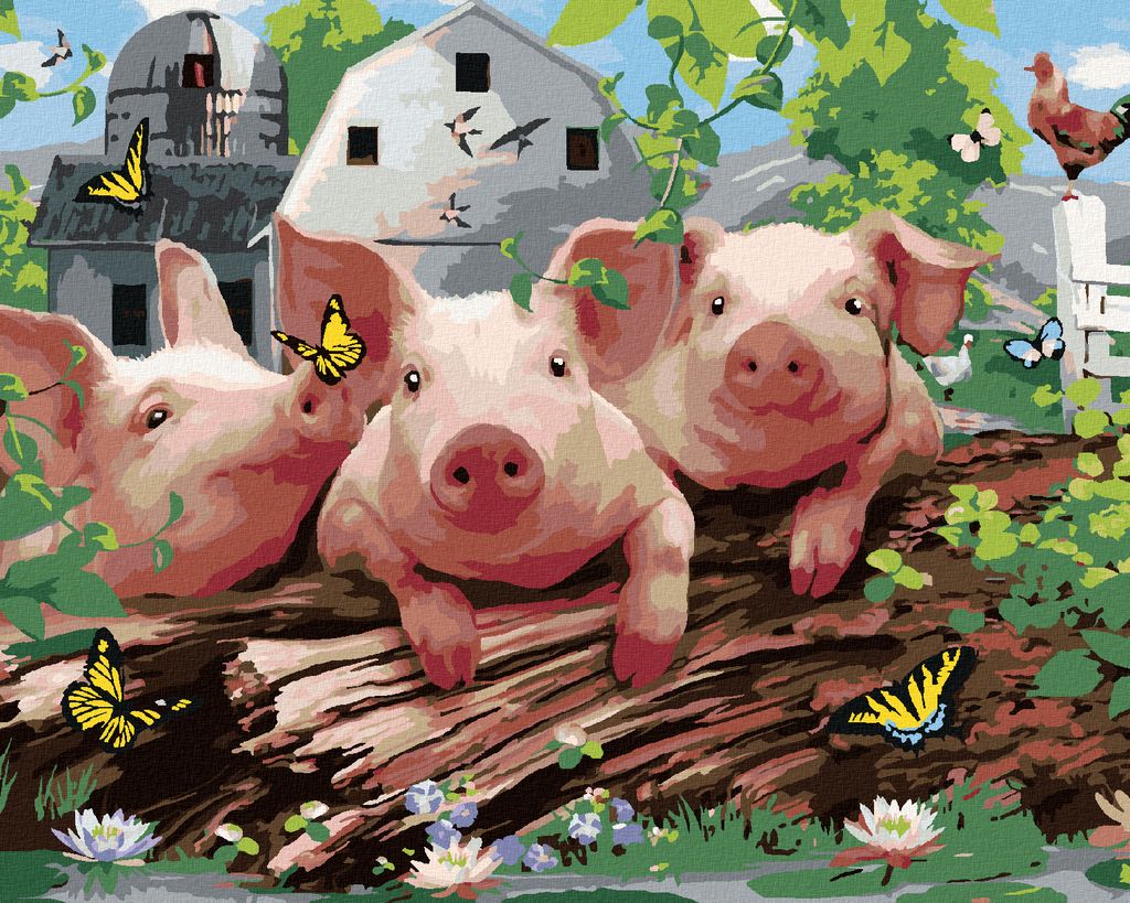Zuty - Malen nach Zahlen - SCHWEINE AUF DEM BAUERNHOF UND SCHMETTERLINGE (HOWARD ROBINSON), 40x50 cm, ohne Keilrahmen