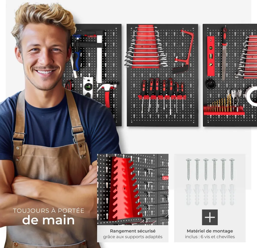 Ensemble 3 panneaux perforés JONAH pour atelier, crochets et supports - 3