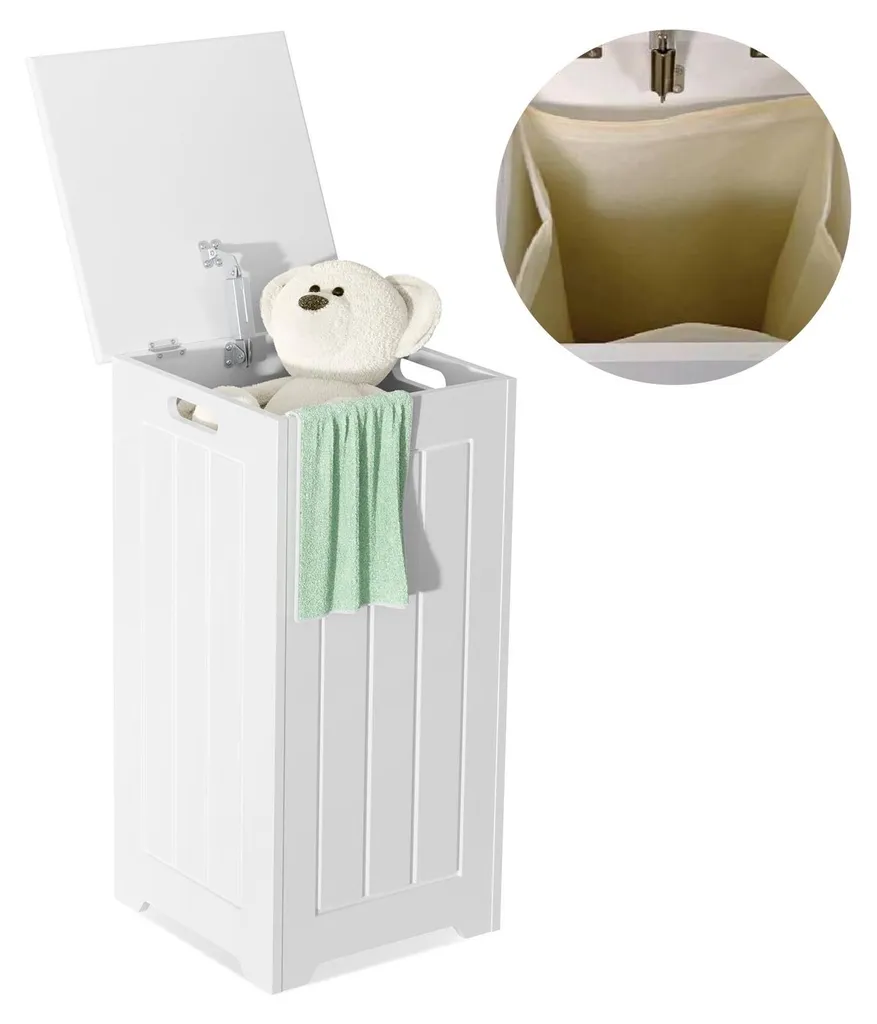 Collecteur de linge en bois blanc avec couvercle et sac pour salle de bain