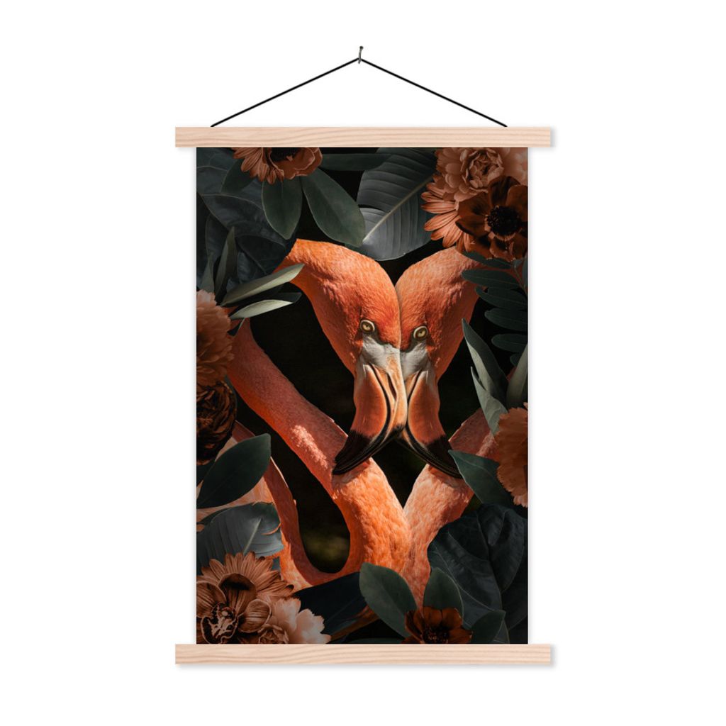 MuchoWow Textilposter Flamingo - Blätter - Blumen 120x180 cm mit holzfarbenen Rahmen - Textil-Plakat