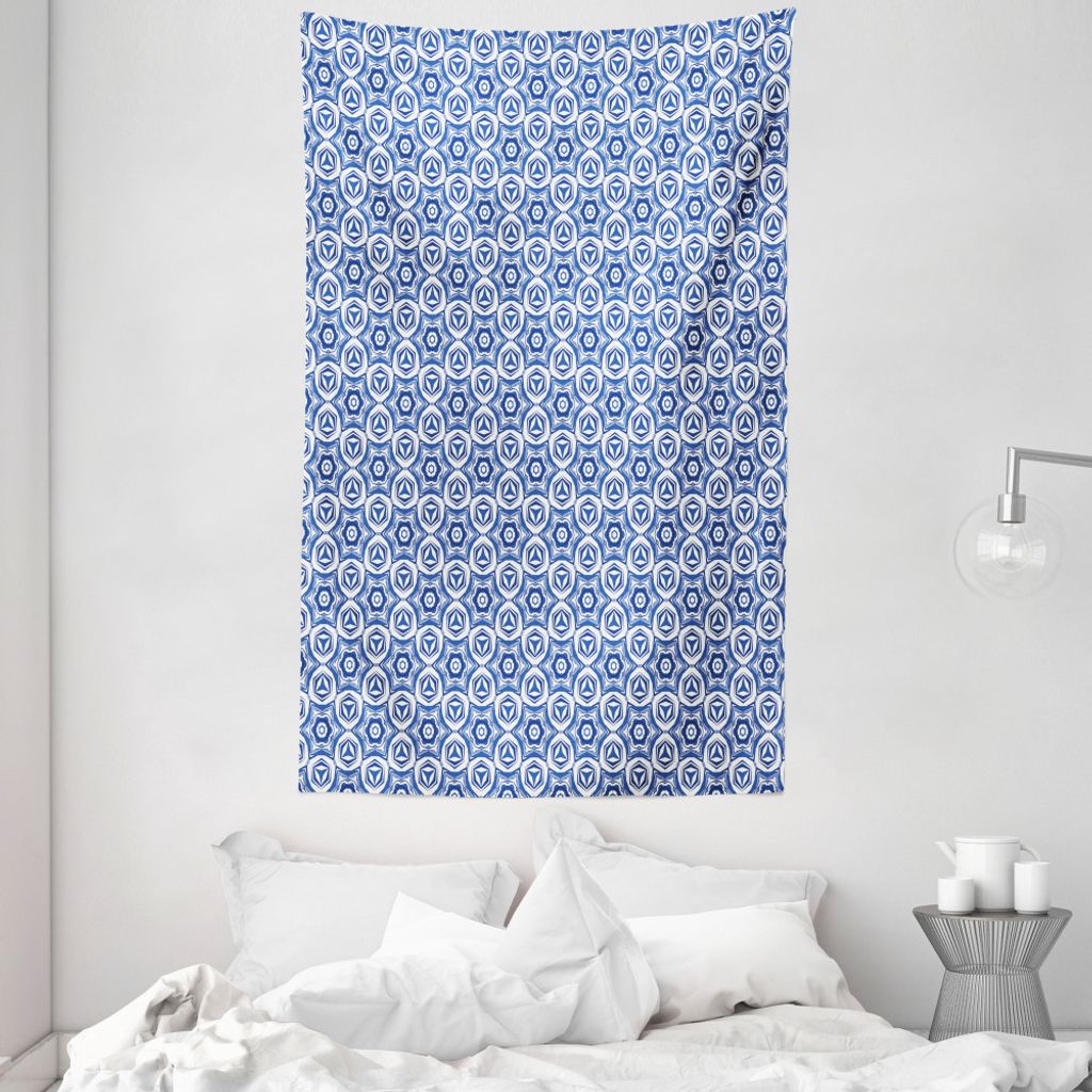 ABAKUHAUS Blauer Mandala Wandteppich und Tagesdecke, geometrische Hexagons aus Weiches Mikrofaser Stoff Waschbar ohne Verblassen Digitaldruck, 140 ...
