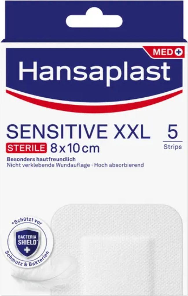 The image shows the packaging of Hansaplast Sensitive XXL sterile wound dressings.