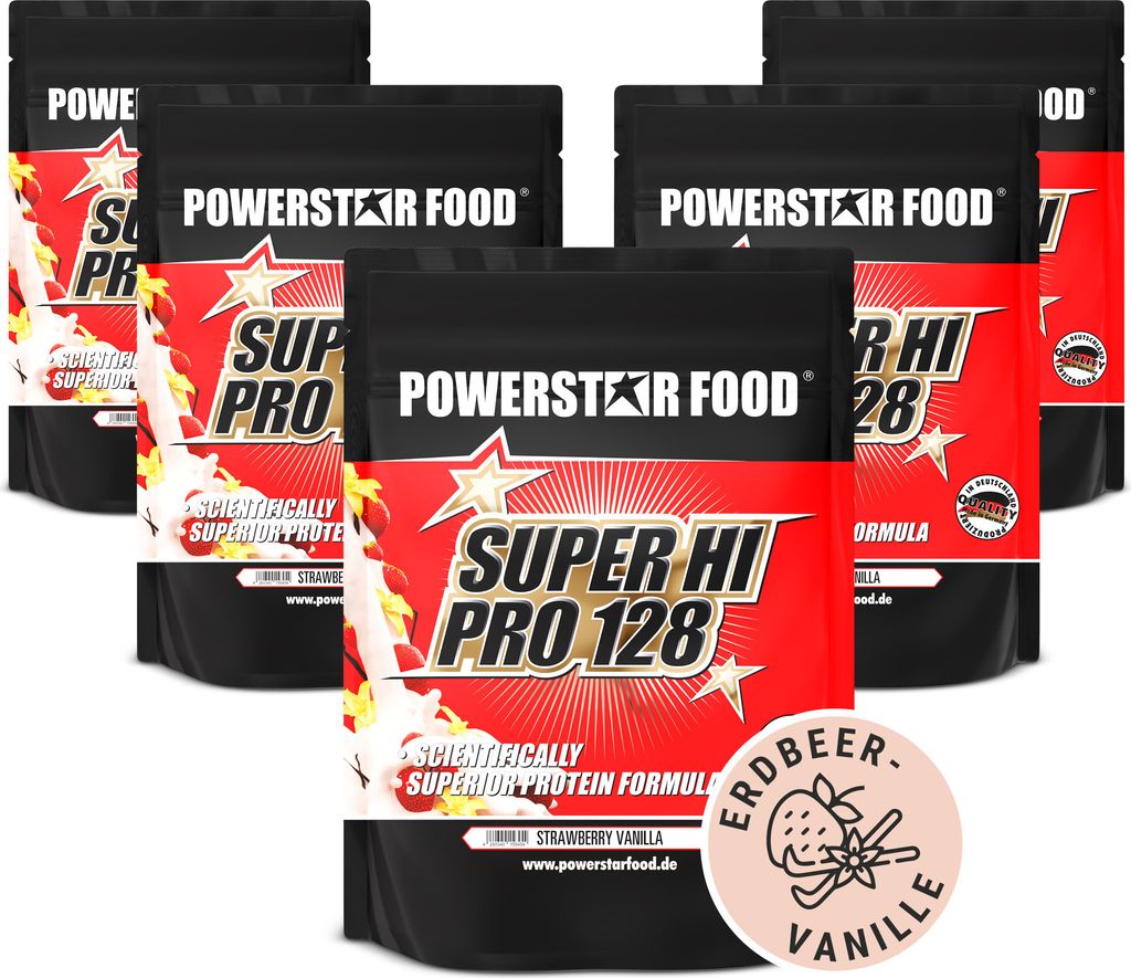 Powerstar SUPER HI PRO 128 | Mehrkomponenten Protein-Pulver 5x1kg | Höchste Biologische Wertigkeit | Protein-Shake Muskelaufbau | Strawberry-Vanilla