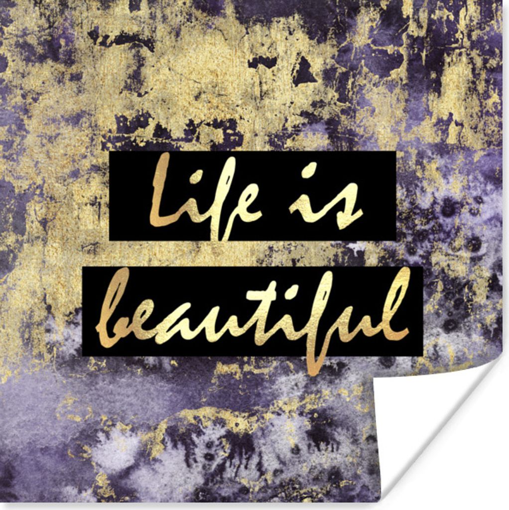 MuchoWow Poster Zitat - Leben - Gold - Lila 100x100 cm - Babyzimmer