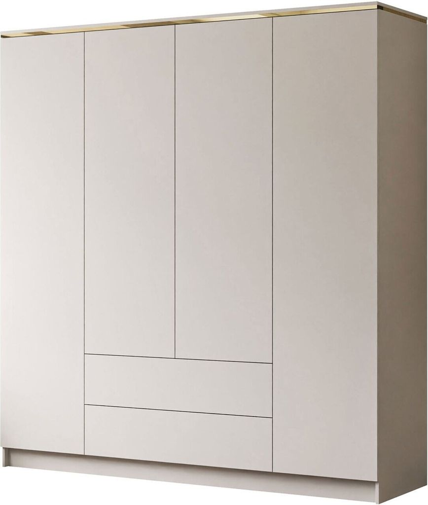 A modern, minimalist wardrobe with four doors and two drawers, featuring a sleek beige finish and a subtle gold trim at the top.