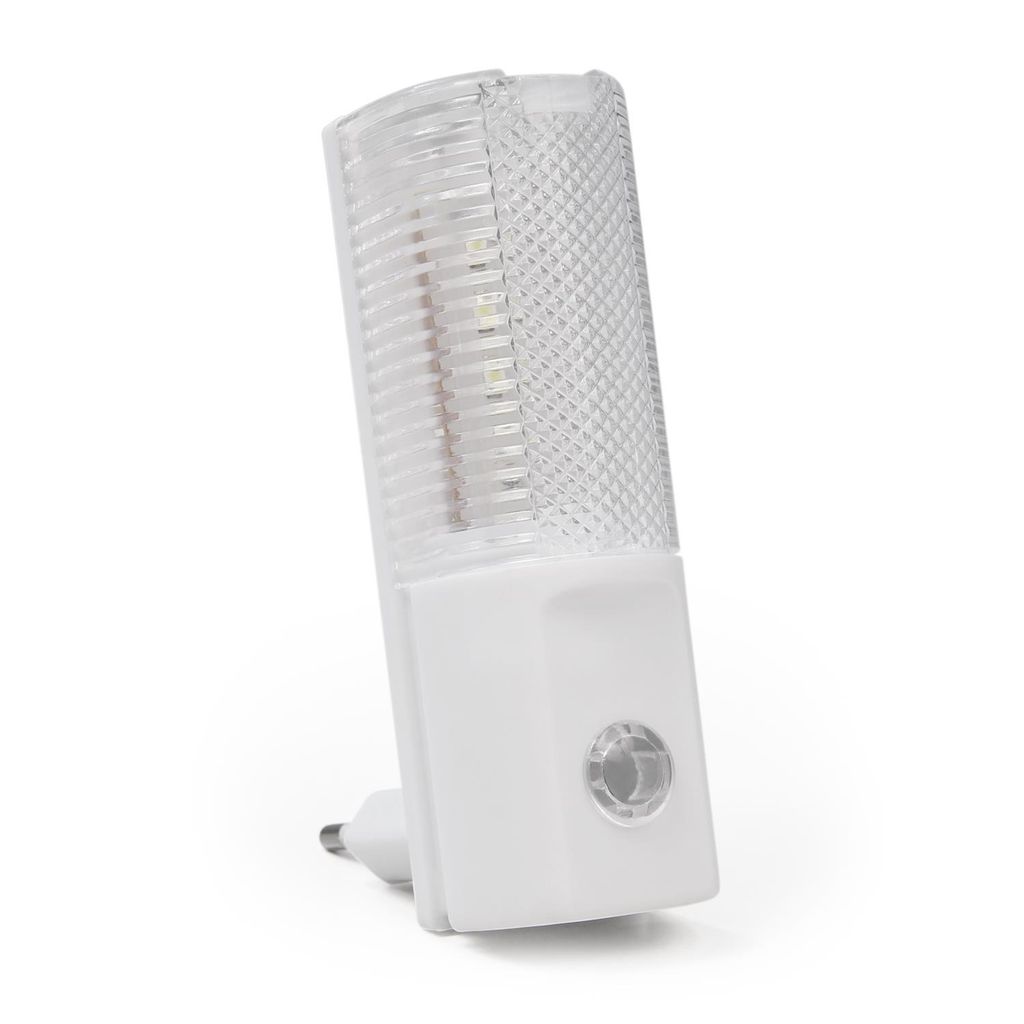A white LED night light with a clear plastic cover is shown against a white background.