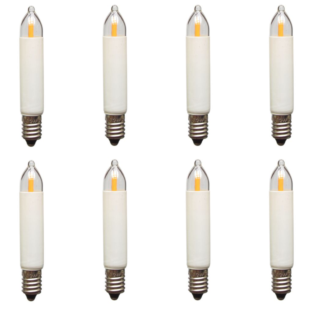 A set of eight LED filament candle bulbs arranged in two rows of four.