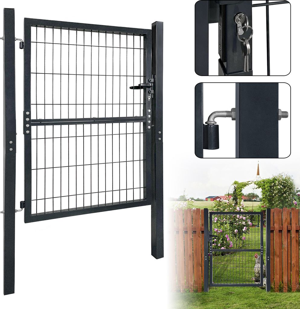 A collage showing a metal garden gate, close-ups of its lock and hinge, and the gate installed in a wooden fence.