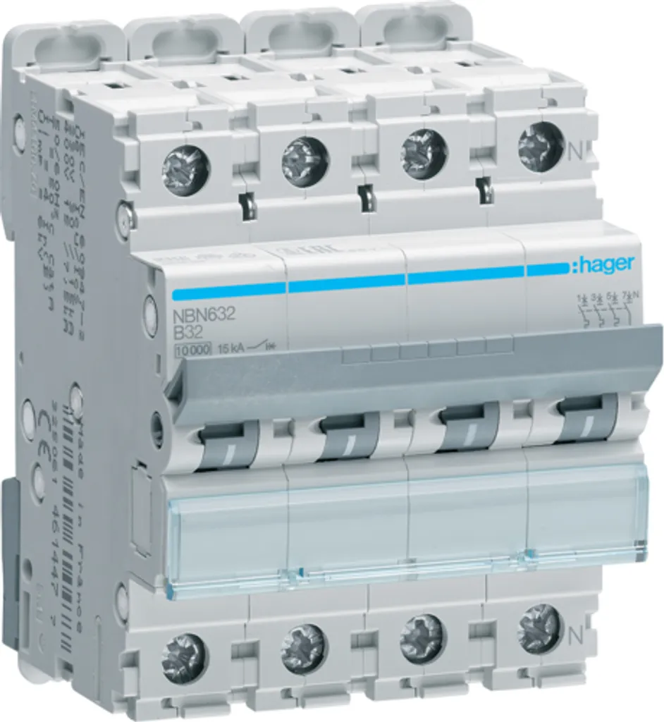 Disjoncteur 3P+N 10kA Courbe B 32A 4 Modules - Protection Magnétothermique