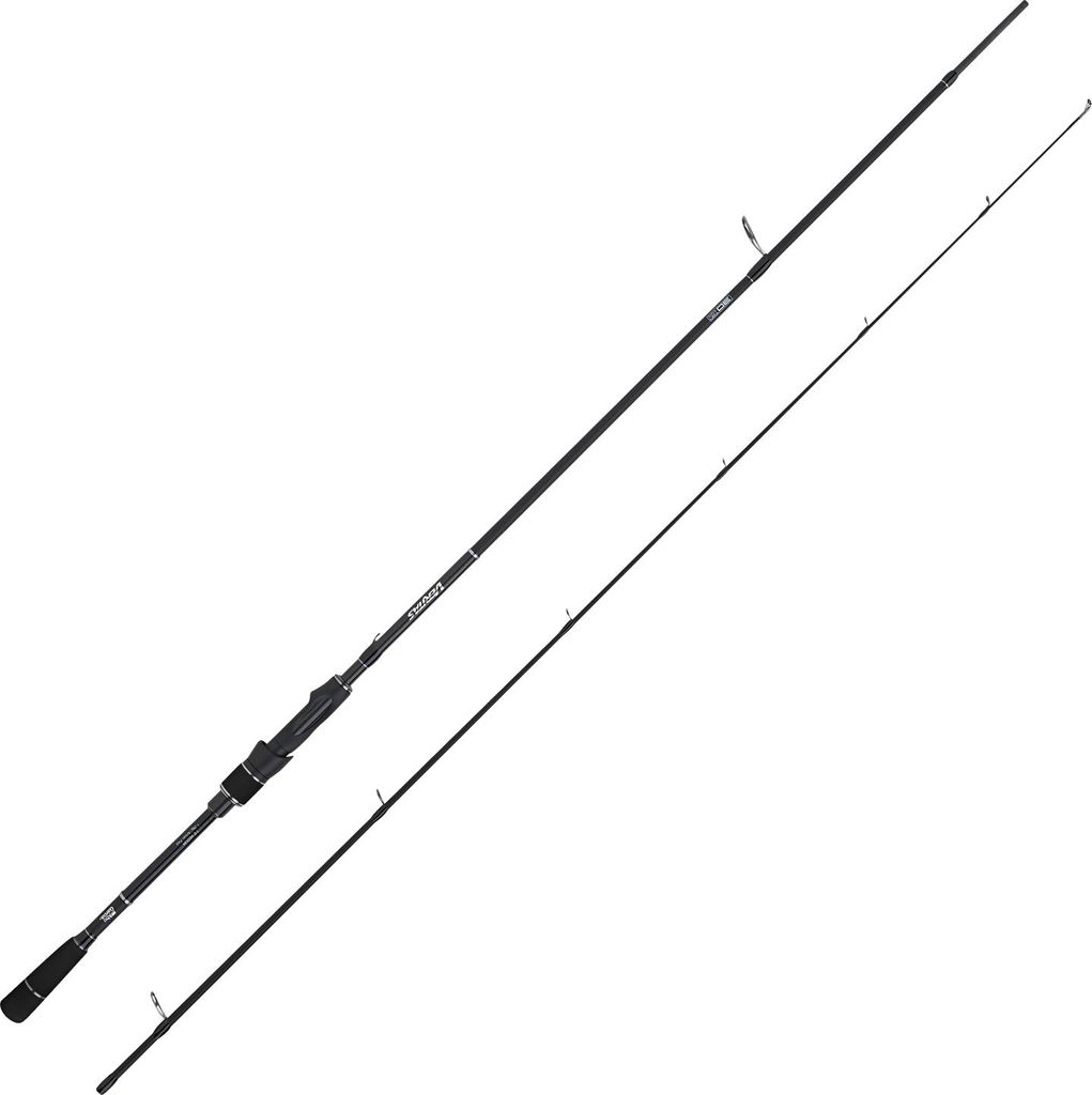 A black fishing rod is shown against a white background.