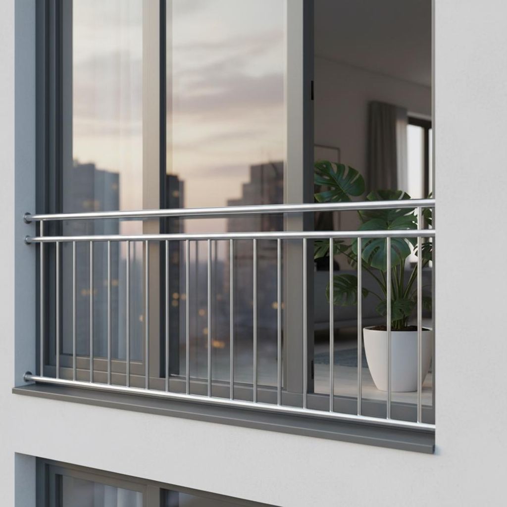 A balcony railing in front of a window overlooking a city skyline.
