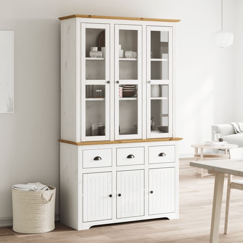 "2026 Promotion" Highboard/Vitrine/Beistellschrank - BODO Weiß Braun 115,5x43x200,5 cm Massivholz Kiefer - Kommoden CC11226