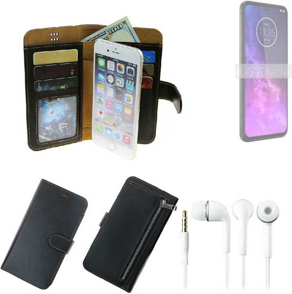 TOP SET Handy Hülle Schutz Hülle kompatibel mit Motorola One Zoom schwarz aus Kunstleder + Kopfhörer Smartphone Tasche vollwertige Geldbörse