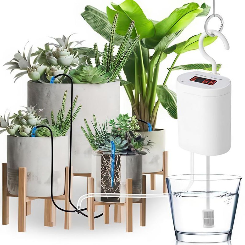Automatische Bewässerungssystem 4 Pflanzen Tropfbewässerung Set Indoor Pflanzenbewässerung Timer Bewässerungsgerät USB wiederaufladbar Garten ...