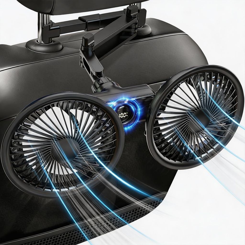 Auto Ventilator Rücksitz Akku, Doppelkopf USB Lüfter mit LED Display, 3 Stufen, 360° drehbar, leise, für Kinder, Babys, SUV & LKW
