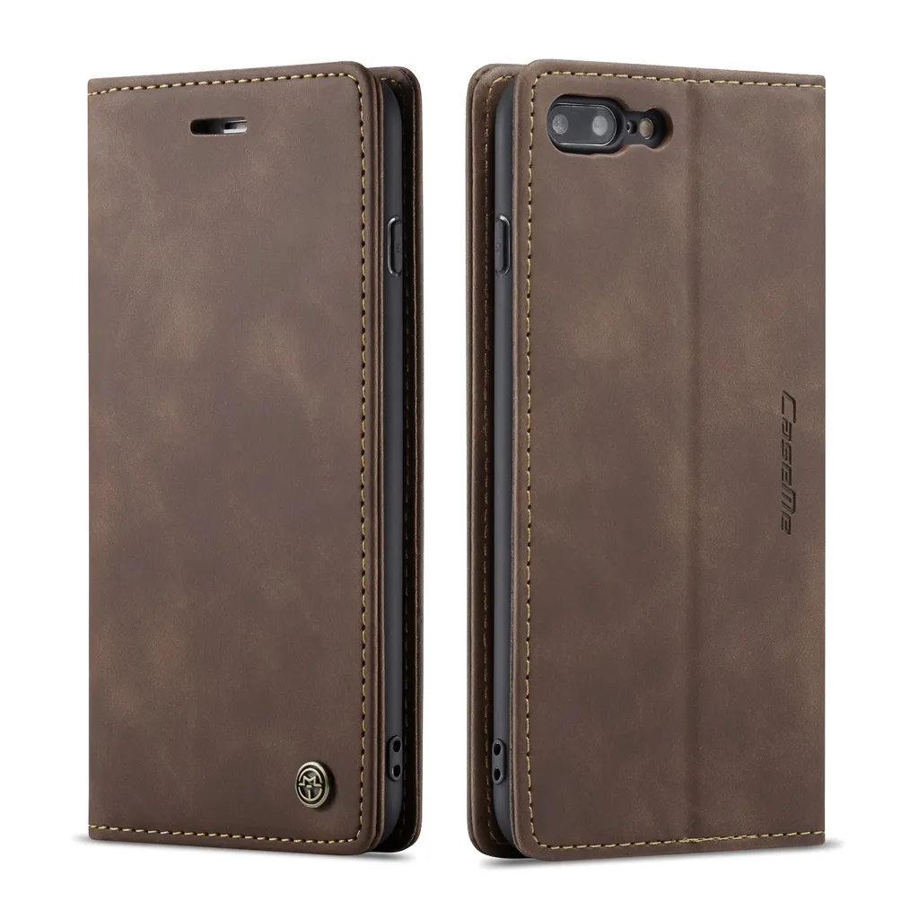custodia per iPhone 8 Plus, custodia retrò in Finto cuoio, tasche per carte, chiusura magnetica, custodia con funzione stand per iPhone 7 Plus / 8 Plus Caffè