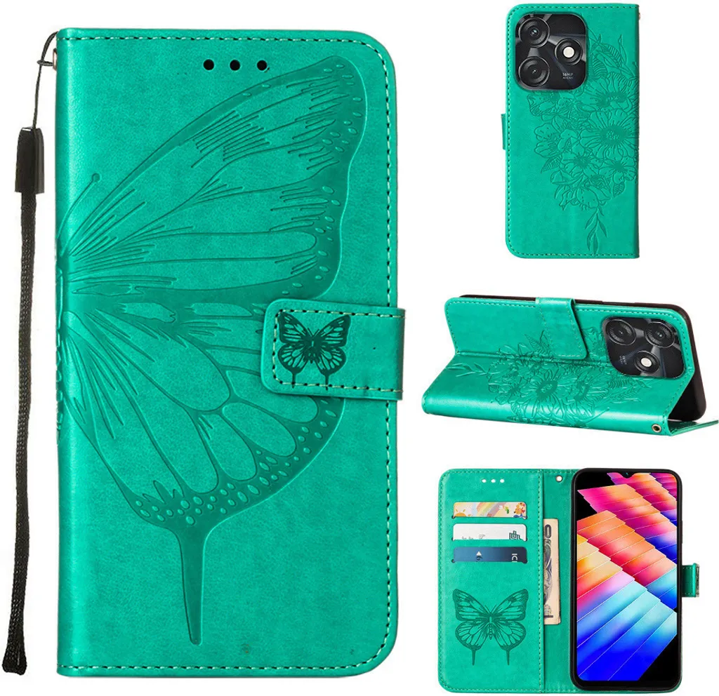 Custodia in pelle per Tecno Spark 10C farfalla in rilievo custodia in pelle flip slot per schede telefono cellulare con supporto verde