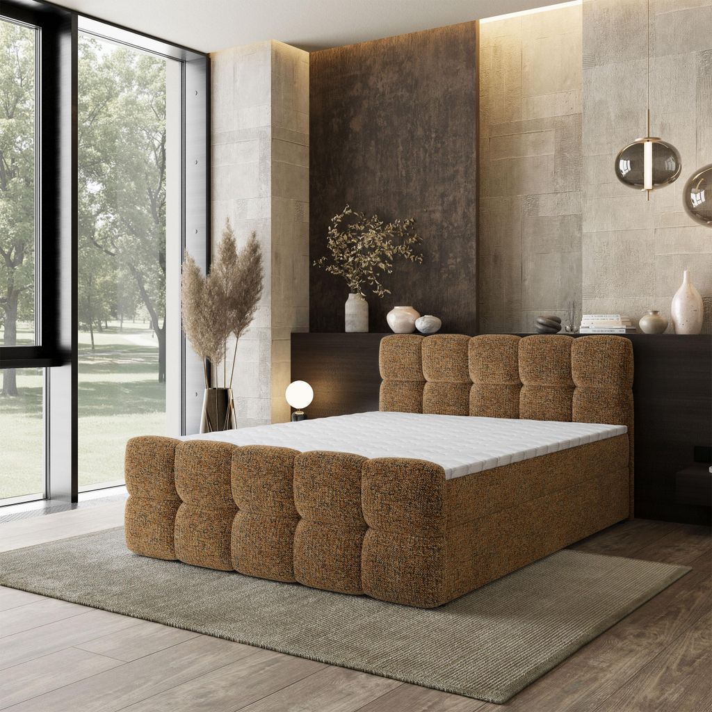 Masseno Boxspringbett BRUME 160x200 cm Komplett-Set mit Bonell Matratze und Topper, Polsterbett mit Bettkästen -Braun, BELLA 70