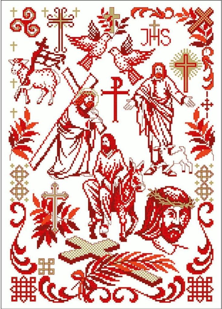 A cross-stitch pattern design featuring religious imagery.