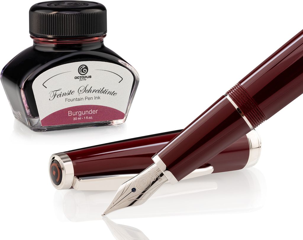 Füllhalter Set Cleo Skribent Classic Palladium Bordeaux, Patronen-Füllhalter und 30 ml Tinte Burgunder
