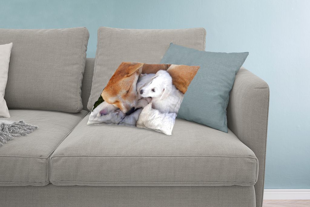 MuchoWow Zierkissen Sofakissen Wohnzimmer Dekokissen 60x40 cm Hündin mit ihrem weißen Welpen - Kopfkissen - Polster mit Foto