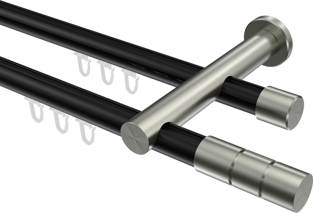 Interdeco Innenlaufstange / Gardinenstange mit Innenlauf Schwarz / Edelstahl-Optik, Typ Platon Elanto (Rillenzylinder), 20 mm Ø 2-läufig, 180 cm