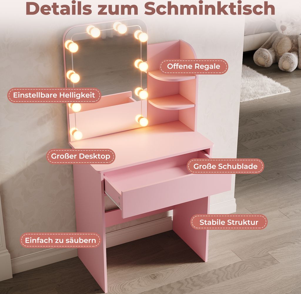 SONNI Pink Schminktisch mit dreifarbigem Glühbirnen Spiegel