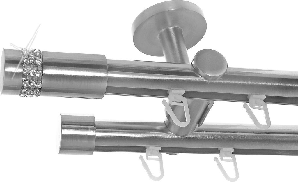 Innenlauf Gardinenstange Edelstahl Look, Durchmesser 20mm, Deckenträger D40, 2-läufig, Länge 120, Endkappe E38
