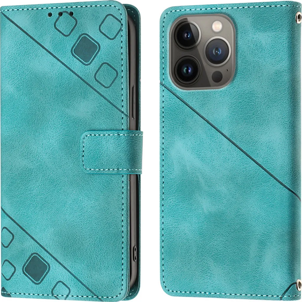 Cover iPhone 13 Pro Max Pelle Verde Anticato con Rilievo e Portacarte