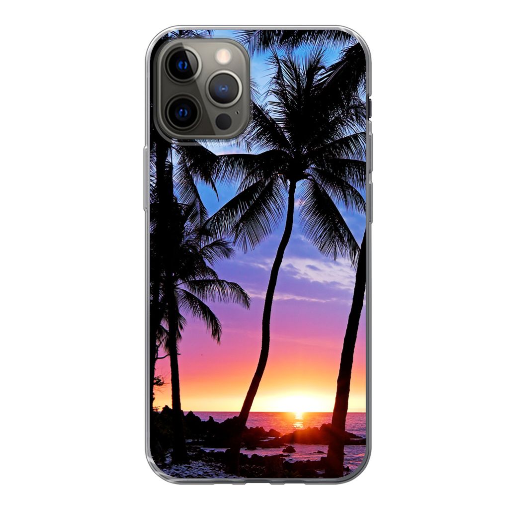 MuchoWow Handyhülle Schutzhülle Hülle für iPhone 12 Pro Eine Silhouette von Palmen während eines Sonnenuntergangs auf Hawaii Silikon Softcas...
