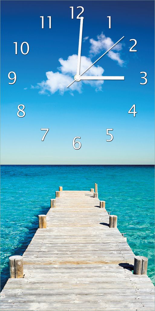 Wallario Design Wanduhr Steg am tropischen Meer aus Echtglas, Größe 30 x 60 cm