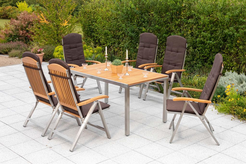 Merxx Gartenmöbelset Keros 13tlg., 6 Klappsessel, 6 Auflagen, 1 Tisch 150 x 90 cm - Edelstahl/Akazie