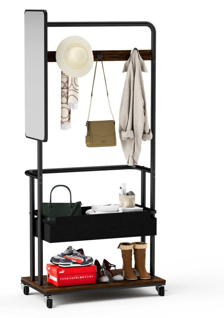 Klamotten Ständer mit Rollen, 3-in-1 mit Spiegel & Korb, Kleiderablage Schlafzimmer, Garderobe, Vintage-Braun, Metall, 70x40x170 cm