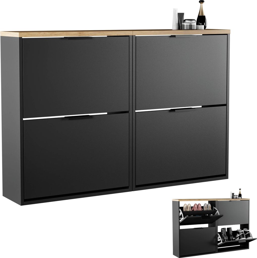 Planetmöbel Schuhschrank schmal 2 x 2 Klappen Schuhregal mit 4 Ablagen, schwarz