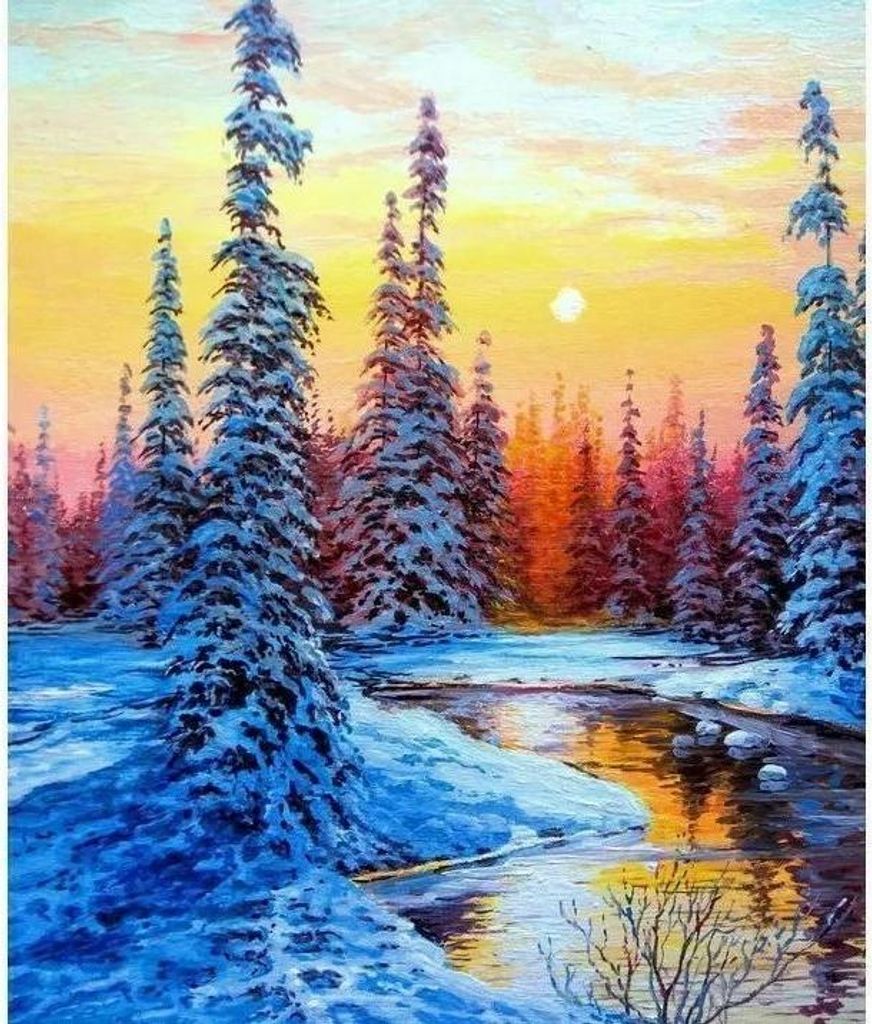 Malen nach Zahlen: Waldfluss im Winter, 50 x 40 cm, mit Rahmen, kreativ
