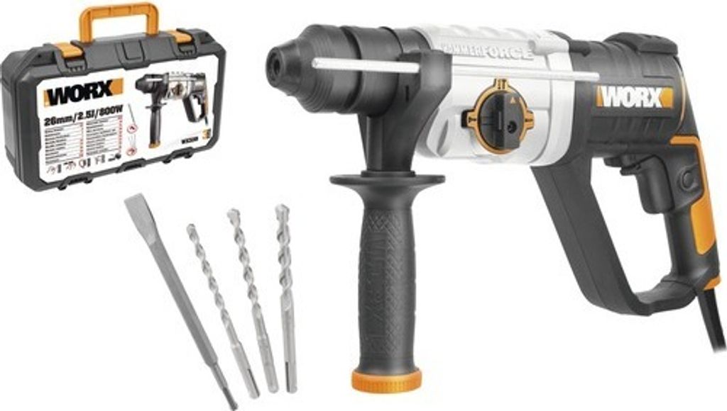 A WORX WX339 Bohrhammer 800W with accessories, including drill bits and a chisel, displayed in a case and next to the hammer drill.