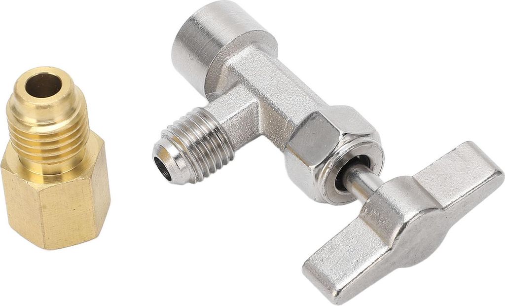 Selbstschließender Dosenöffner mit 1/4"- und 1/2"-Gewinde, Edelstahl, für Kältemittelspender, inklusive Schlauchadapter fürs Auto