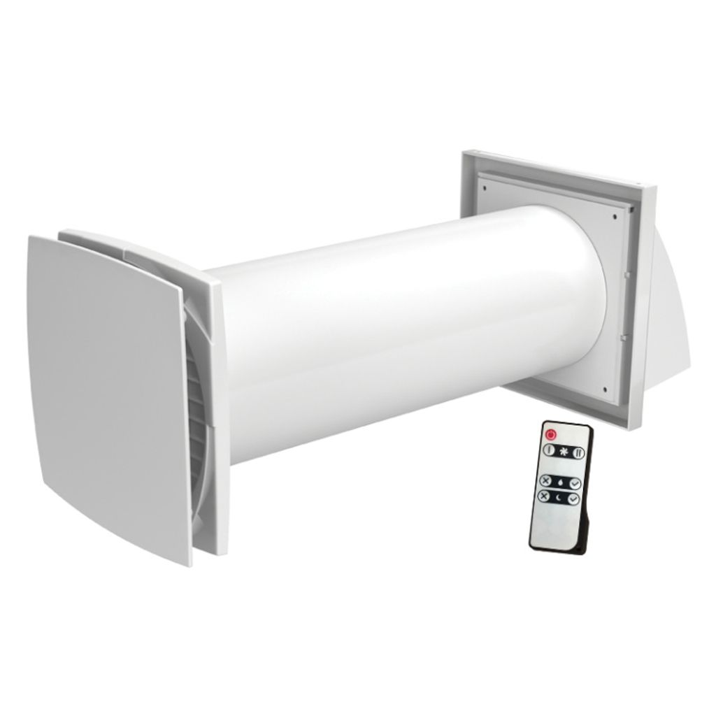 A white ventilation unit with a cylindrical tube and a remote control.