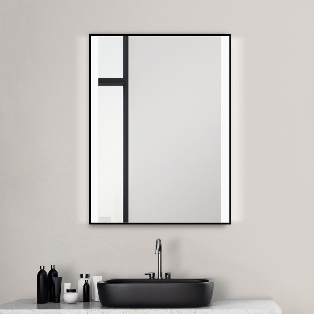 LED Badspiegel 80×60 cm, schwarz, Alurahmen, Licht Produktbild 