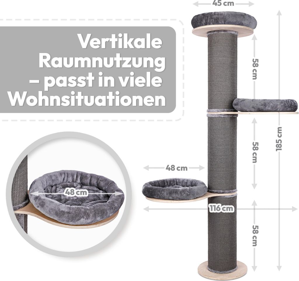 PET VIOLET Cat Tower A 185 cm – Wandmontierter Kratzbaum aus Massivholz & Sisal, Komfort-Kissen, 3 Ebenen, stabiler Katzenbaum für große Katzen...