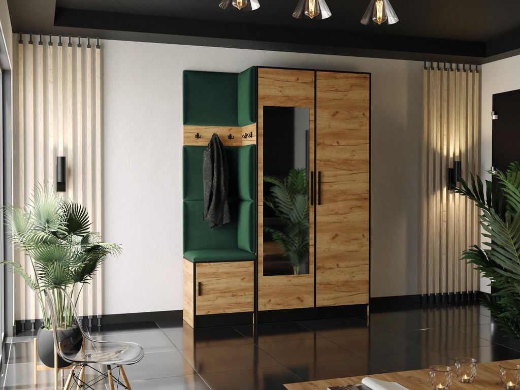 KIER FURNITURE Garderobe Roj13 - 158x205x39cm Eiche Craft Gold + Stoff Grün